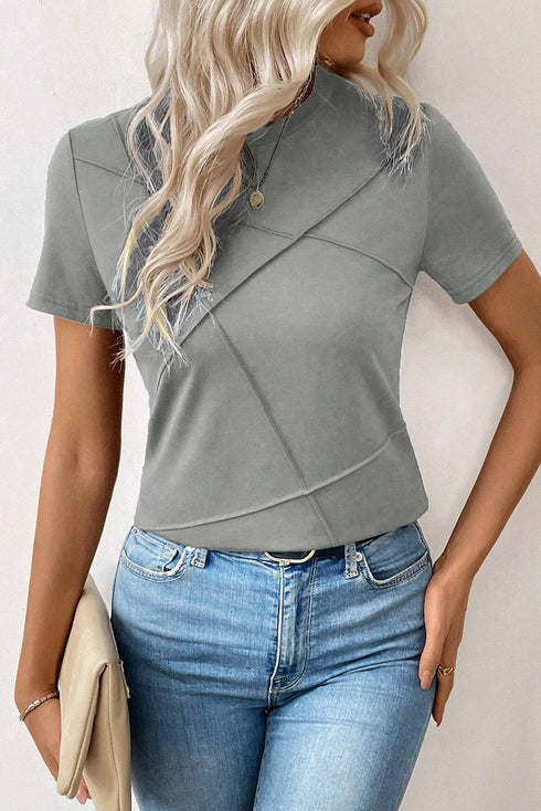 Modern Asymmetric Panel Geometric Seamed Short Sleeve Top